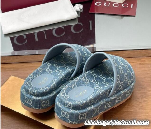Good Quality Gucci GG Denim Platform Slides Sandal Blue 2025 816797
