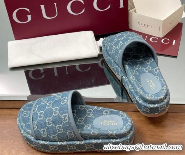Good Quality Gucci GG Denim Platform Slides Sandal Blue 2025 816797