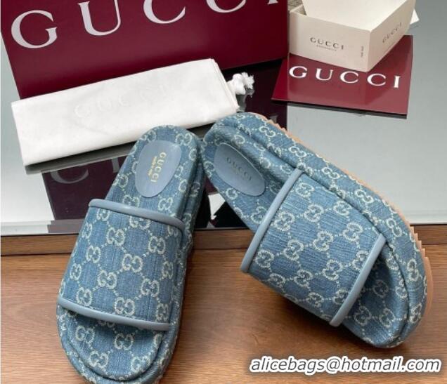 Good Quality Gucci GG Denim Platform Slides Sandal Blue 2025 816797