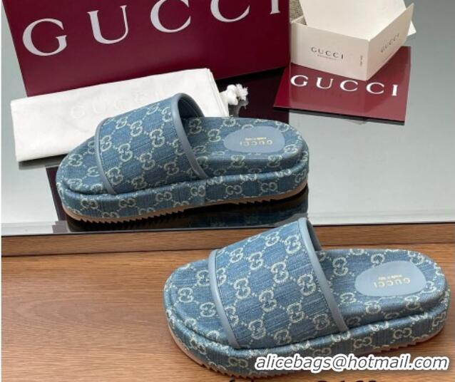 Good Quality Gucci GG Denim Platform Slides Sandal Blue 2025 816797