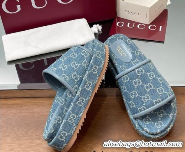 Good Quality Gucci GG Denim Platform Slides Sandal Blue 2025 816797