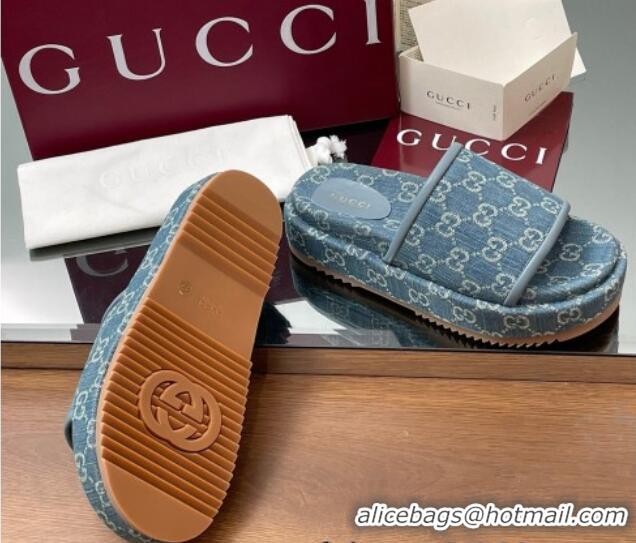 Good Quality Gucci GG Denim Platform Slides Sandal Blue 2025 816797