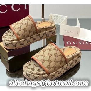 Best Grade Gucci Original GG Canvas Platform Slides Sandal Beige 2025 816797