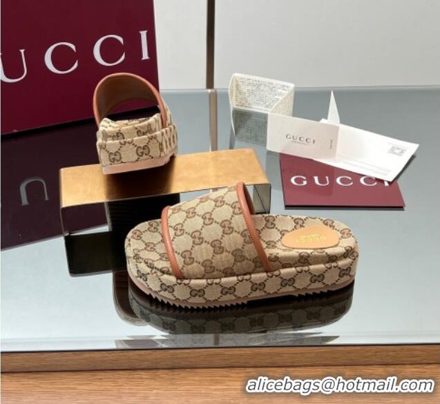 Best Grade Gucci Original GG Canvas Platform Slides Sandal Beige 2025 816797