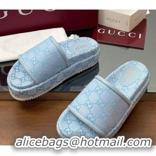 Buy Luxury Gucci Original GG Canvas Platform Slides Sandal Light Blue 2025 816797