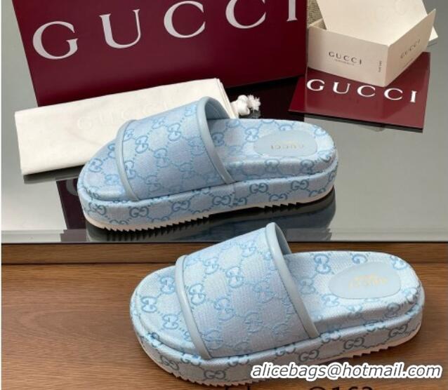 Buy Luxury Gucci Original GG Canvas Platform Slides Sandal Light Blue 2025 816797