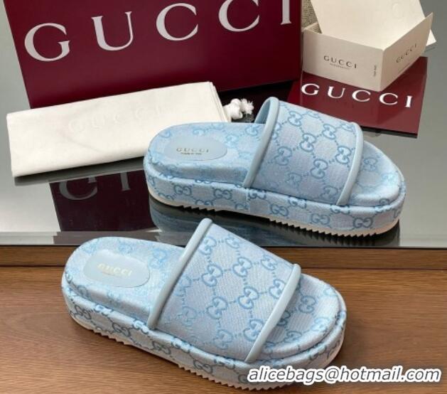 Buy Luxury Gucci Original GG Canvas Platform Slides Sandal Light Blue 2025 816797