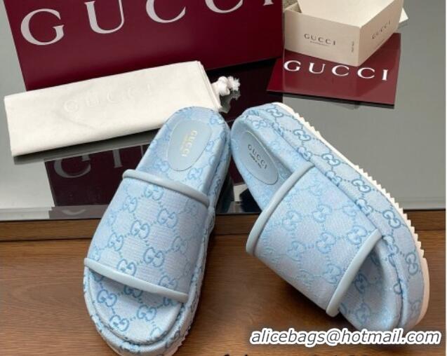 Buy Luxury Gucci Original GG Canvas Platform Slides Sandal Light Blue 2025 816797