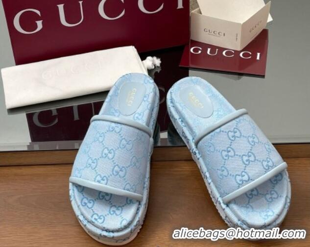 Buy Luxury Gucci Original GG Canvas Platform Slides Sandal Light Blue 2025 816797