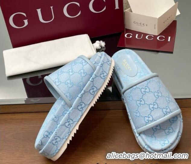 Buy Luxury Gucci Original GG Canvas Platform Slides Sandal Light Blue 2025 816797