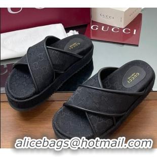 Luxurious Gucci Original GG Canvas Platform Slides Sandal with Cross Strap Black 2025 816798