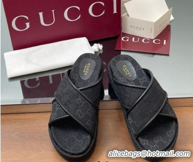 Luxurious Gucci Original GG Canvas Platform Slides Sandal with Cross Strap Black 2025 816798