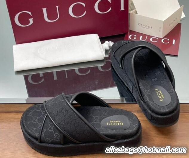 Luxurious Gucci Original GG Canvas Platform Slides Sandal with Cross Strap Black 2025 816798