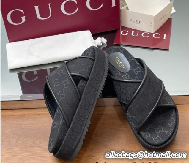 Luxurious Gucci Original GG Canvas Platform Slides Sandal with Cross Strap Black 2025 816798