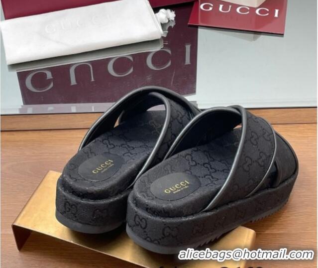 Luxurious Gucci Original GG Canvas Platform Slides Sandal with Cross Strap Black 2025 816798