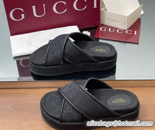 Luxurious Gucci Original GG Canvas Platform Slides Sandal with Cross Strap Black 2025 816798