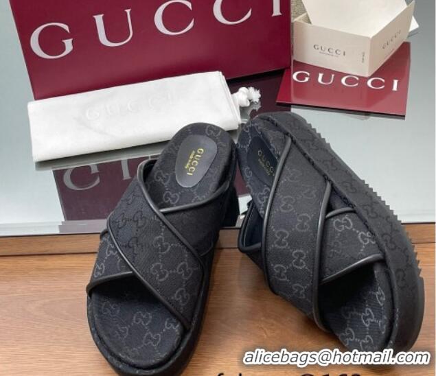 Luxurious Gucci Original GG Canvas Platform Slides Sandal with Cross Strap Black 2025 816798