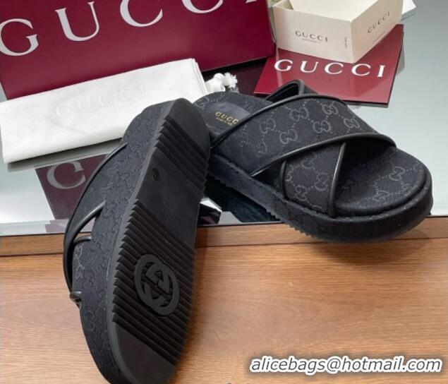 Luxurious Gucci Original GG Canvas Platform Slides Sandal with Cross Strap Black 2025 816798
