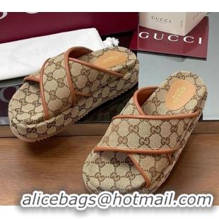 Best Price Gucci Original GG Canvas Platform Slides Sandal with Cross Strap Beige 2025 816798