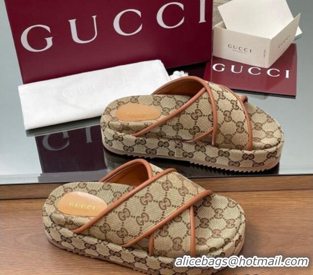 Best Price Gucci Original GG Canvas Platform Slides Sandal with Cross Strap Beige 2025 816798