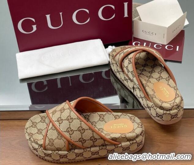 Best Price Gucci Original GG Canvas Platform Slides Sandal with Cross Strap Beige 2025 816798
