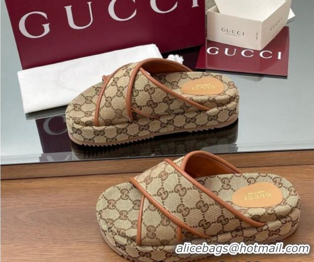 Best Price Gucci Original GG Canvas Platform Slides Sandal with Cross Strap Beige 2025 816798