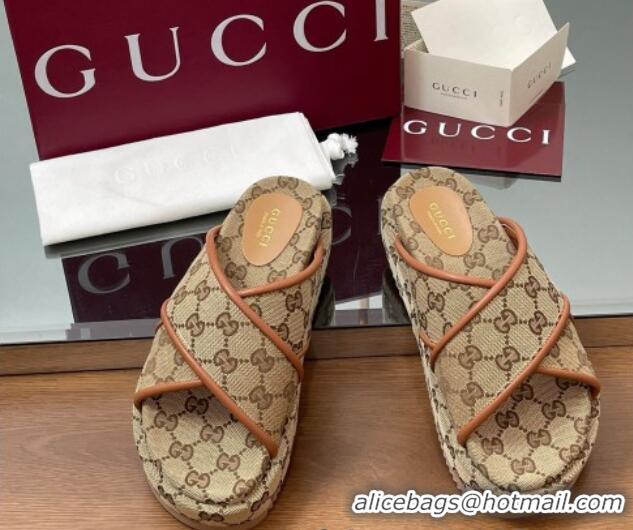 Best Price Gucci Original GG Canvas Platform Slides Sandal with Cross Strap Beige 2025 816798