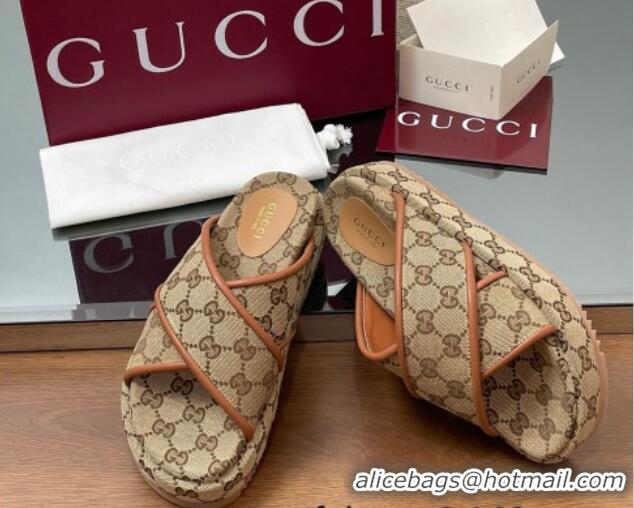 Best Price Gucci Original GG Canvas Platform Slides Sandal with Cross Strap Beige 2025 816798