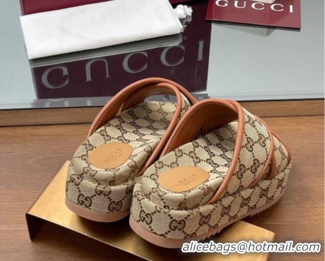Best Price Gucci Original GG Canvas Platform Slides Sandal with Cross Strap Beige 2025 816798