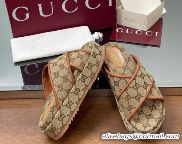 Best Price Gucci Original GG Canvas Platform Slides Sandal with Cross Strap Beige 2025 816798