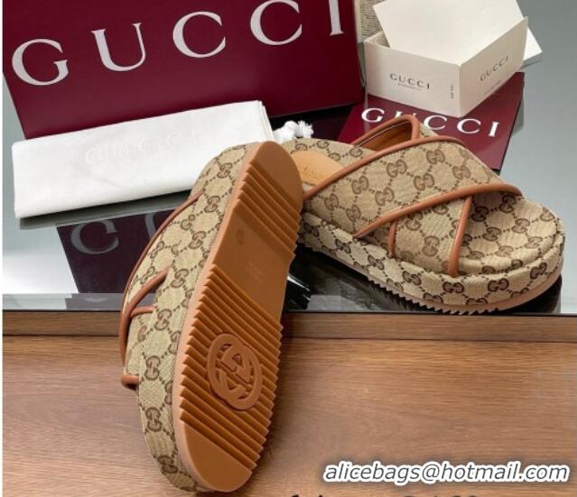 Best Price Gucci Original GG Canvas Platform Slides Sandal with Cross Strap Beige 2025 816798