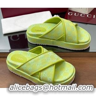 Popular Style Gucci Original GG Canvas Platform Slides Sandal with Cross Strap Neon Green 2025 816798