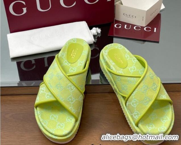Popular Style Gucci Original GG Canvas Platform Slides Sandal with Cross Strap Neon Green 2025 816798
