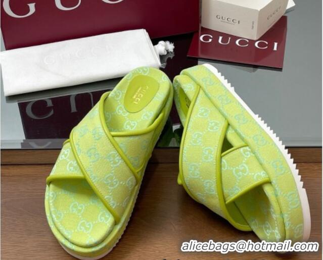 Popular Style Gucci Original GG Canvas Platform Slides Sandal with Cross Strap Neon Green 2025 816798