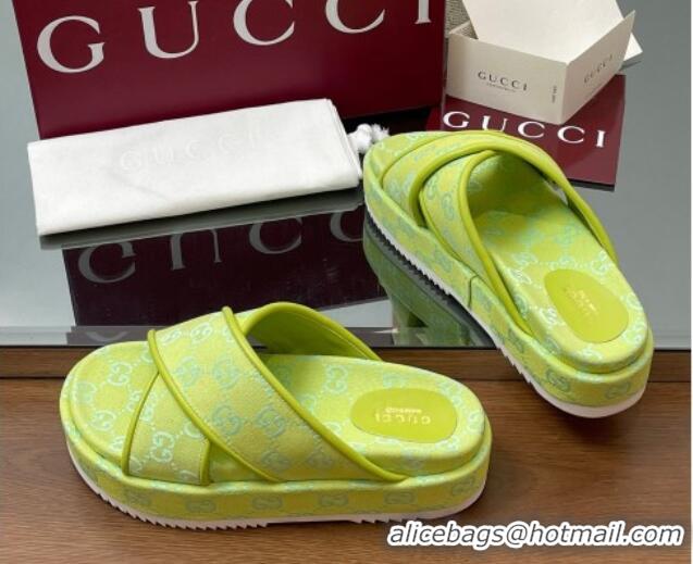 Popular Style Gucci Original GG Canvas Platform Slides Sandal with Cross Strap Neon Green 2025 816798