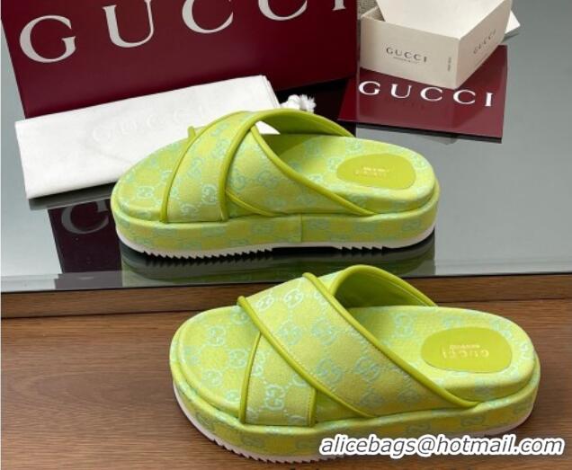 Popular Style Gucci Original GG Canvas Platform Slides Sandal with Cross Strap Neon Green 2025 816798