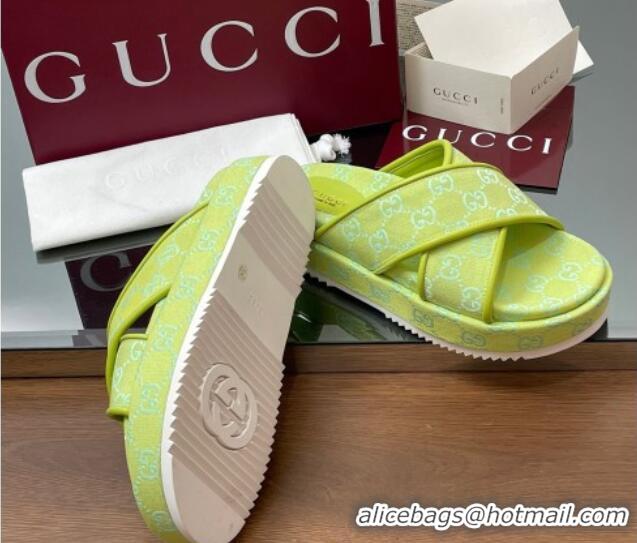 Popular Style Gucci Original GG Canvas Platform Slides Sandal with Cross Strap Neon Green 2025 816798
