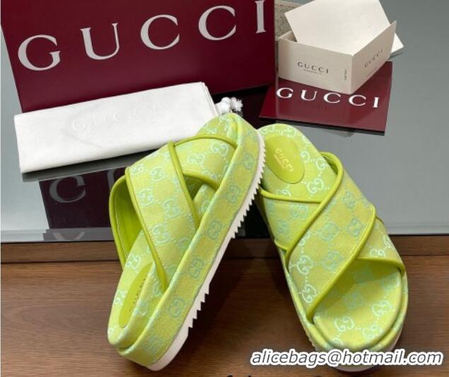 Popular Style Gucci Original GG Canvas Platform Slides Sandal with Cross Strap Neon Green 2025 816798