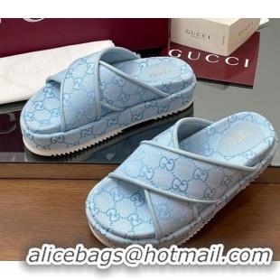Top Design Gucci Original GG Canvas Platform Slides Sandal with Cross Strap Light Blue 2025 816798