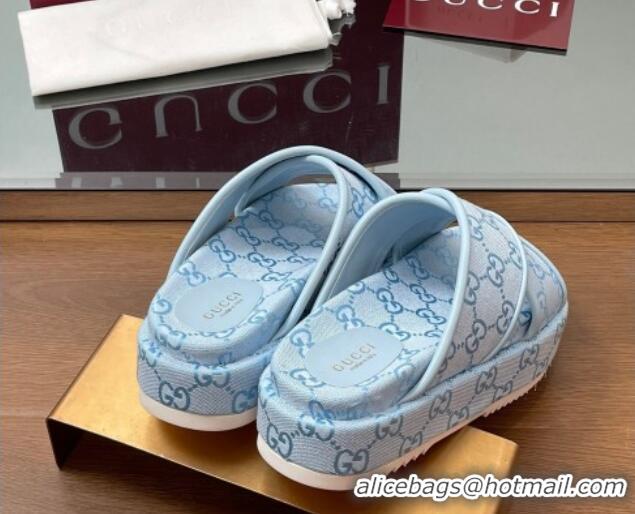 Top Design Gucci Original GG Canvas Platform Slides Sandal with Cross Strap Light Blue 2025 816798