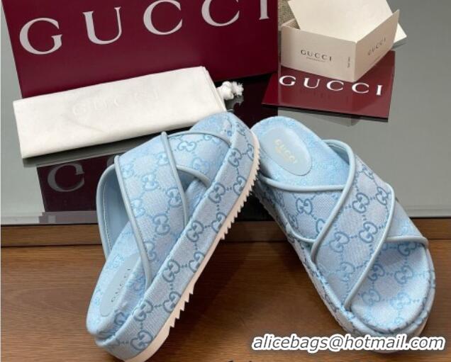 Top Design Gucci Original GG Canvas Platform Slides Sandal with Cross Strap Light Blue 2025 816798