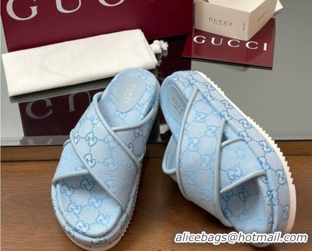 Top Design Gucci Original GG Canvas Platform Slides Sandal with Cross Strap Light Blue 2025 816798
