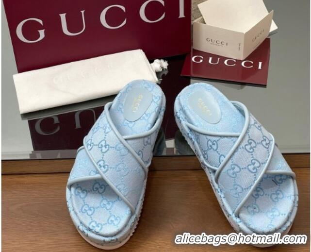 Top Design Gucci Original GG Canvas Platform Slides Sandal with Cross Strap Light Blue 2025 816798