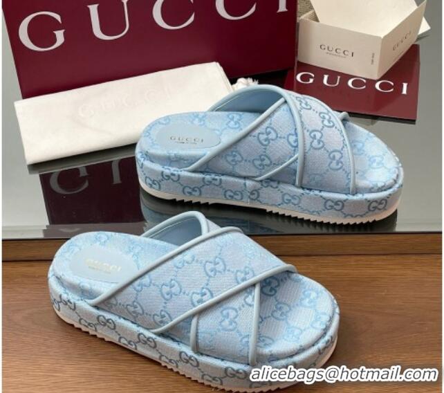 Top Design Gucci Original GG Canvas Platform Slides Sandal with Cross Strap Light Blue 2025 816798