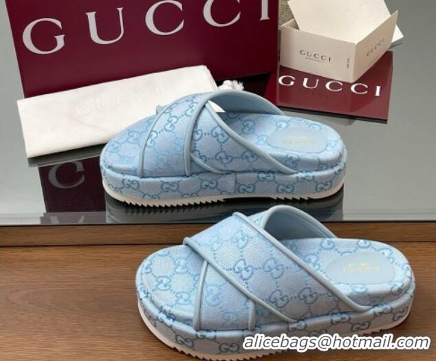 Top Design Gucci Original GG Canvas Platform Slides Sandal with Cross Strap Light Blue 2025 816798