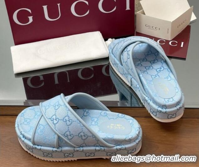 Top Design Gucci Original GG Canvas Platform Slides Sandal with Cross Strap Light Blue 2025 816798