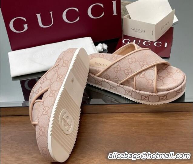 Cheap Price Gucci Original GG Canvas Platform Slides Sandal with Cross Strap Light Pink 2025 816798