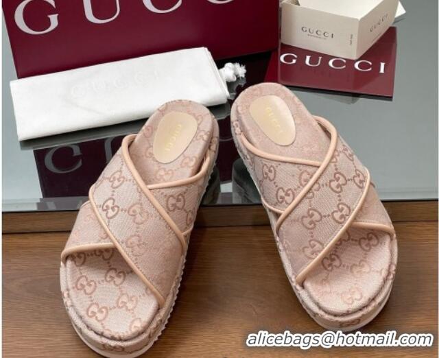 Cheap Price Gucci Original GG Canvas Platform Slides Sandal with Cross Strap Light Pink 2025 816798