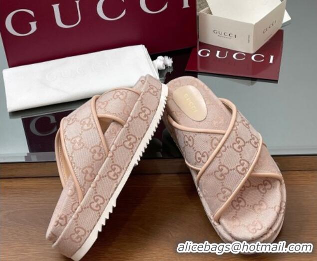 Cheap Price Gucci Original GG Canvas Platform Slides Sandal with Cross Strap Light Pink 2025 816798