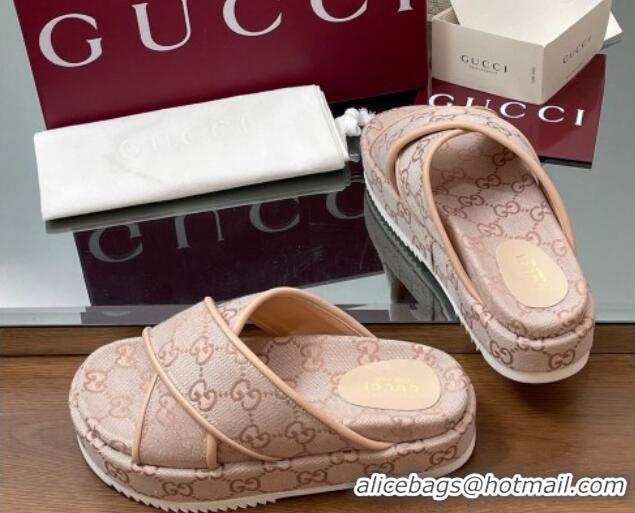 Cheap Price Gucci Original GG Canvas Platform Slides Sandal with Cross Strap Light Pink 2025 816798